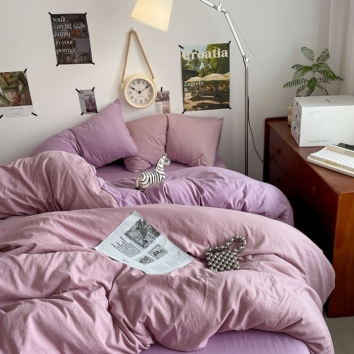 91家纺网 家纺一手货源 找家纺 卡迪熊家纺 2024新款ins风超柔褶皱亲肤磨毛水洗m四件套双拼系列-风格2 深紫浅紫