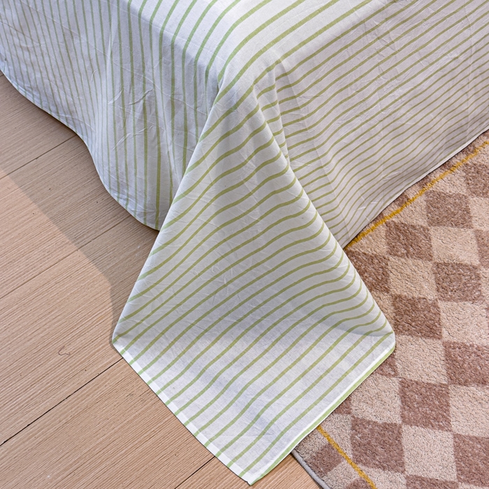 91家纺网 家纺一手货源 找家纺 金丝鸟家纺 2024新款A类全棉色织水洗棉单床单系列 果绿中条