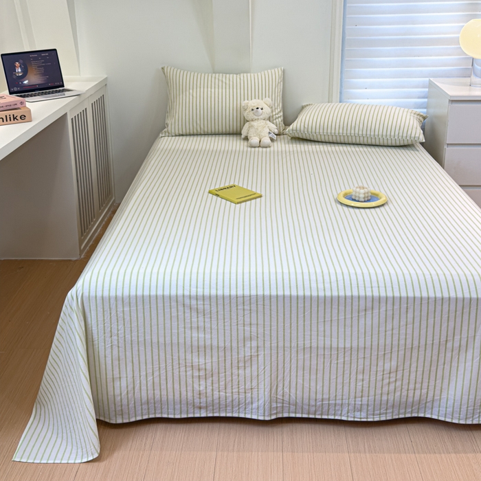 91家纺网 家纺一手货源 找家纺 金丝鸟家纺 2024新款A类全棉色织水洗棉单床单系列 果绿中条