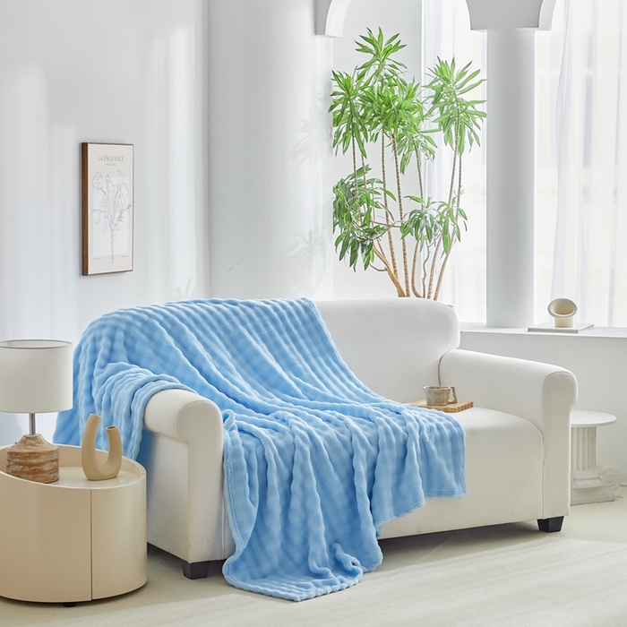 91家纺网 家纺一手货源 找家纺 巴木赫 2024新款法兰绒泡泡卷边毯子毛毯 亮蓝