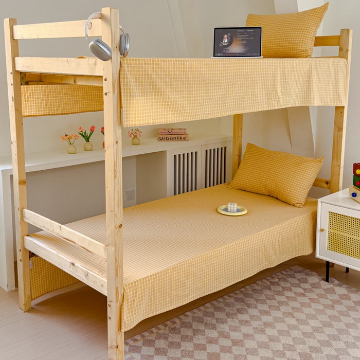 91家纺网 家纺一手货源 找家纺 金丝鸟家纺 2024新款A类全棉色织水洗棉单床单系列（学生床） 姜黄田格