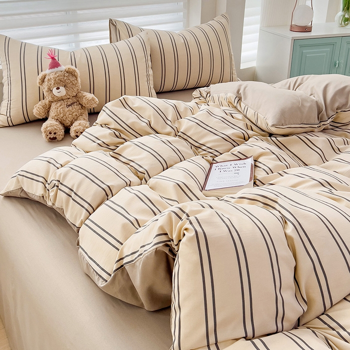 91家纺网 家纺一手货源 找家纺  赫然 2026新款水洗双层纱单品被套 浅咖竖条