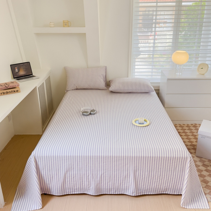 91家纺网 家纺一手货源 找家纺 金丝鸟家纺 2024新款A类全棉色织水洗棉单床单系列 烟紫中条