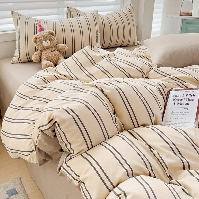 91家纺网 家纺一手货源 找家纺  赫然 2026新款水洗双层纱单品被套 浅咖竖条