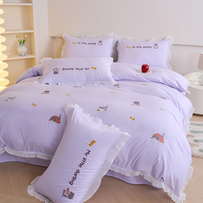 91家纺网 家纺一手货源 找家纺 梧桐家居 2024新款全棉磨毛刺绣四件套-糖果小猫 糖果小猫-紫