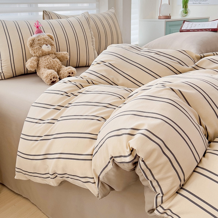 91家纺网 家纺一手货源 找家纺  赫然 2026新款水洗双层纱单品被套 浅咖竖条