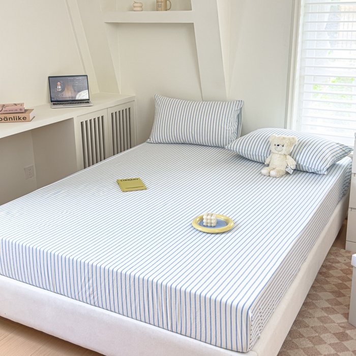 91家纺网 家纺一手货源 找家纺 金丝鸟家纺 2024新款A类全棉色织水洗棉床笠系列 蓝中条