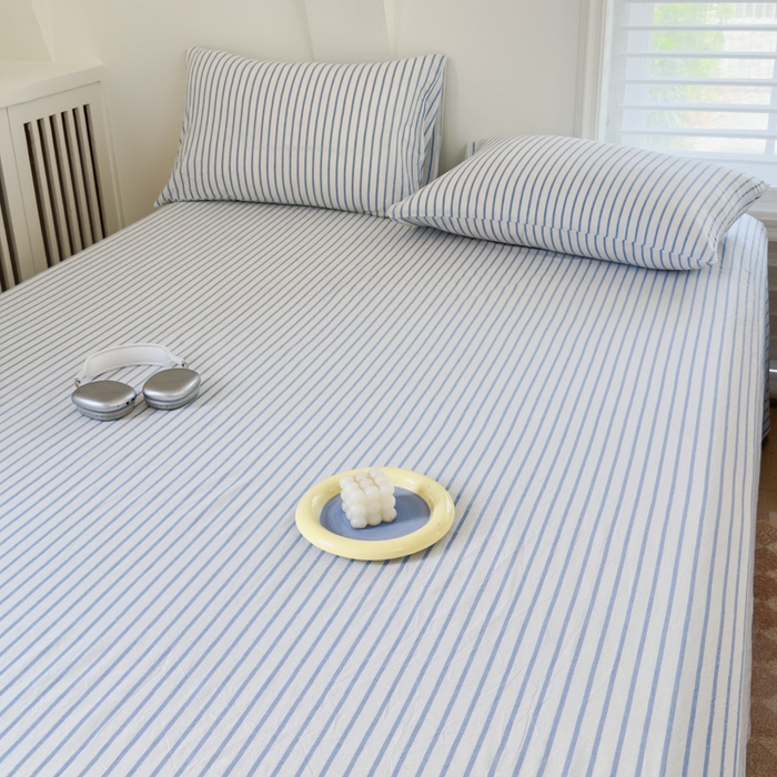 91家纺网 家纺一手货源 找家纺 金丝鸟家纺 2024新款A类全棉色织水洗棉单床单系列 蓝色中条