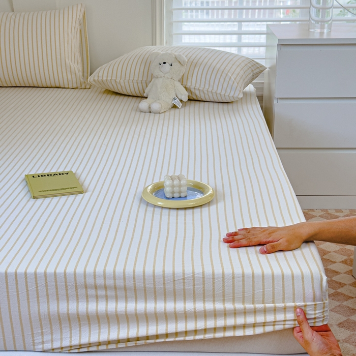 91家纺网 家纺一手货源 找家纺 金丝鸟家纺 2024新款A类全棉色织水洗棉床笠系列 黄色中条