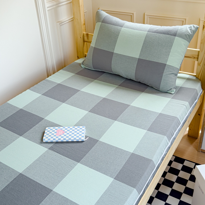 91家纺网 家纺一手货源 找家纺 金丝鸟家纺 2024新款全棉色织水洗棉水晶绒床垫套 绿大格