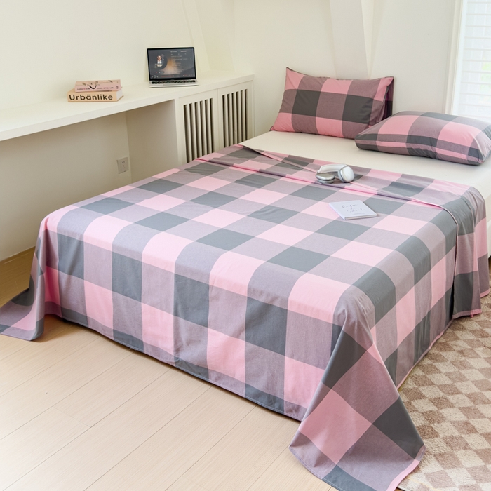 91家纺网 家纺一手货源 找家纺 金丝鸟家纺 2024新款A类全棉色织水洗棉单床单系列 粉大格