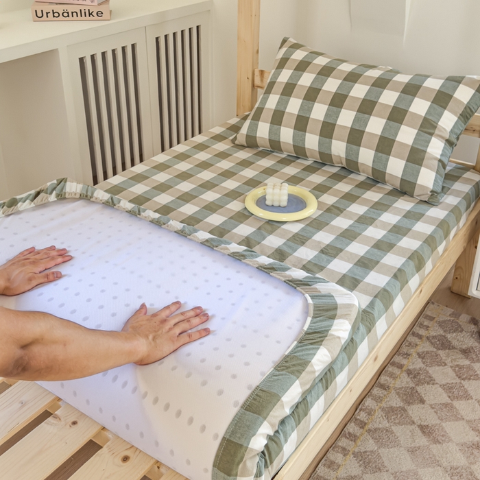 91家纺网 家纺一手货源 找家纺 金丝鸟家纺 2024新款A类全棉色织水洗棉单床笠系列（学生床） 绿中格