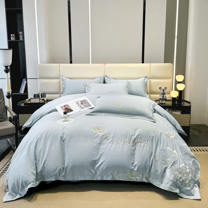 91家纺网 家纺一手货源 找家纺 梧桐家居 2024新款全棉四件套-银杏系列 银杏-天空蓝