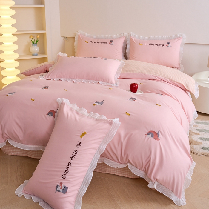 91家纺网 家纺一手货源 找家纺 梧桐家居 2024新款全棉磨毛刺绣四件套-糖果小猫 糖果小猫-粉