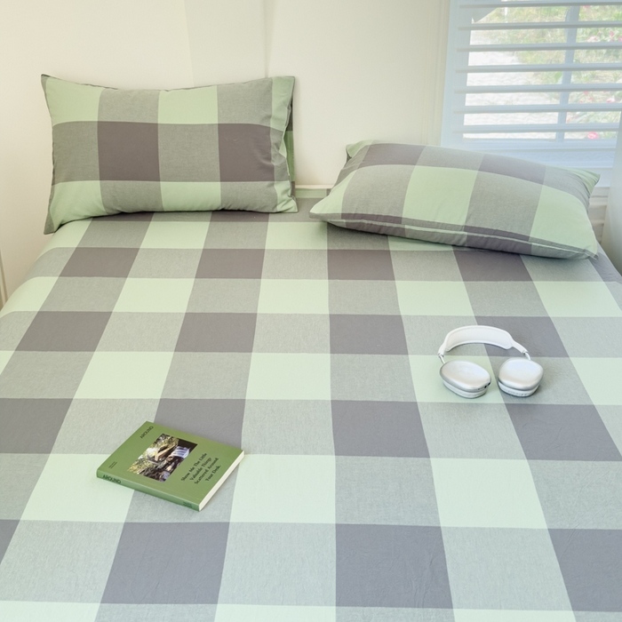 91家纺网 家纺一手货源 找家纺 金丝鸟家纺 2024新款A类全棉色织水洗棉单床单系列 绿大格