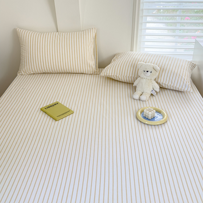 91家纺网 家纺一手货源 找家纺 金丝鸟家纺 2024新款A类全棉色织水洗棉床笠系列 黄色中条