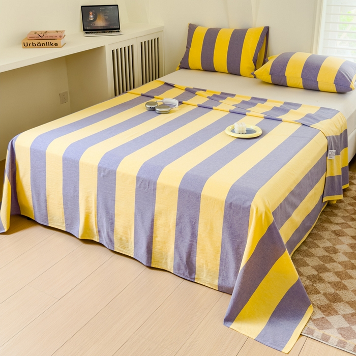 91家纺网 家纺一手货源 找家纺 金丝鸟家纺 2024新款A类全棉色织水洗棉单床单系列 黄紫大竖条