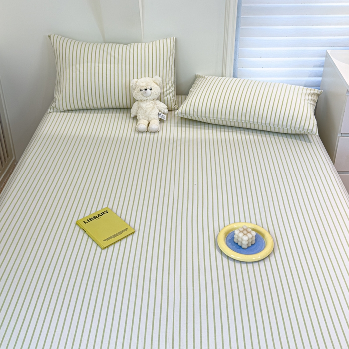 91家纺网 家纺一手货源 找家纺 金丝鸟家纺 2024新款A类全棉色织水洗棉单床单系列 果绿中条