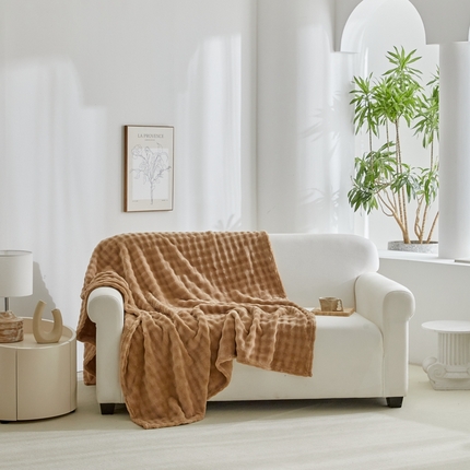 巴木赫 2024新款法兰绒泡泡卷边毯子毛毯 卡其