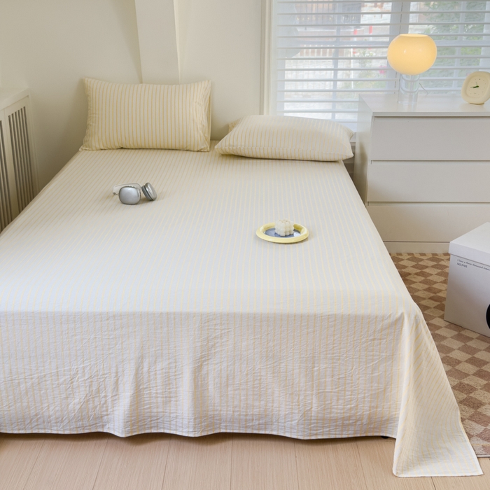 91家纺网 家纺一手货源 找家纺 金丝鸟家纺 2024新款A类全棉色织水洗棉单床单系列 黄色中条