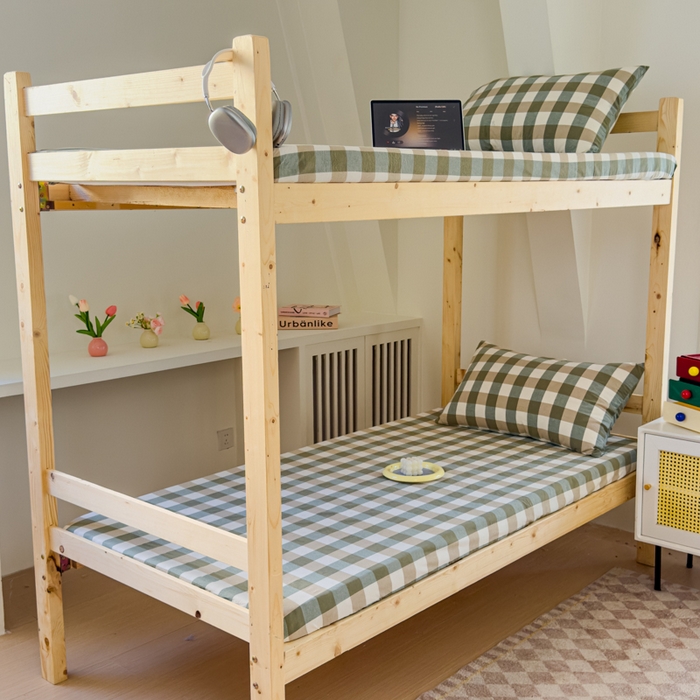 91家纺网 家纺一手货源 找家纺 金丝鸟家纺 2024新款A类全棉色织水洗棉单床笠系列（学生床） 绿中格