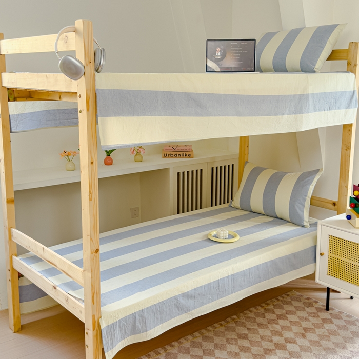 91家纺网 家纺一手货源 找家纺 金丝鸟家纺 2024新款A类全棉色织水洗棉单床单系列（学生床） 蓝灰大竖条