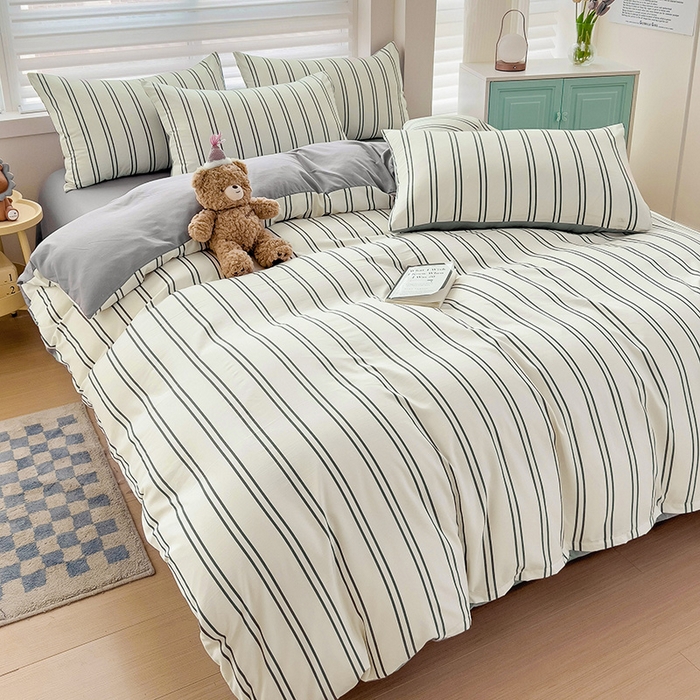 91家纺网 家纺一手货源 找家纺 赫然 2026新款水洗双层纱四件套 黑白竖条