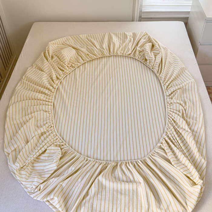 91家纺网 家纺一手货源 找家纺 金丝鸟家纺 2024新款A类全棉色织水洗棉床笠系列 黄色中条