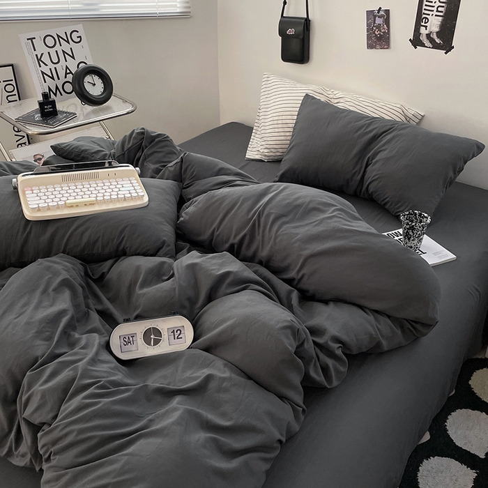 91家纺网 家纺一手货源 找家纺 卡迪熊家纺 2024新款ins风超柔褶皱亲肤磨毛水洗m四件套纯色系列-风格2 布鲁灰