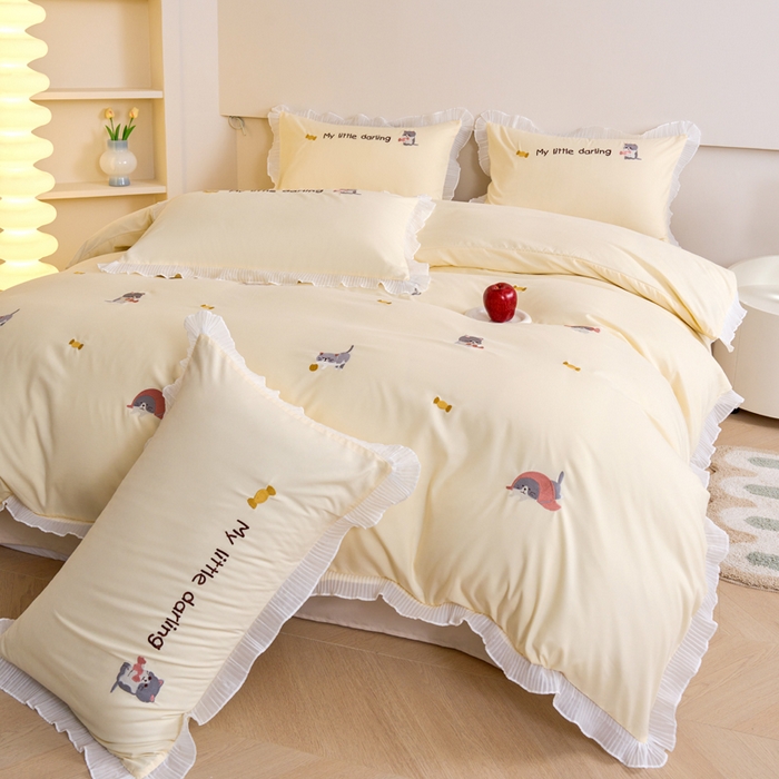 91家纺网 家纺一手货源 找家纺 梧桐家居 2024新款全棉磨毛刺绣四件套-糖果小猫 糖果小猫-黄