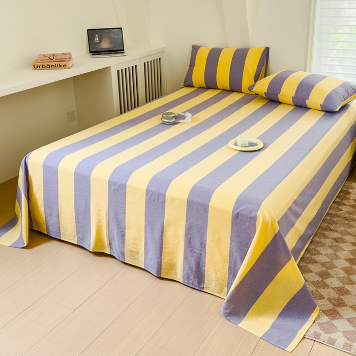 91家纺网 家纺一手货源 找家纺 金丝鸟家纺 2024新款A类全棉色织水洗棉单床单系列 黄紫大竖条