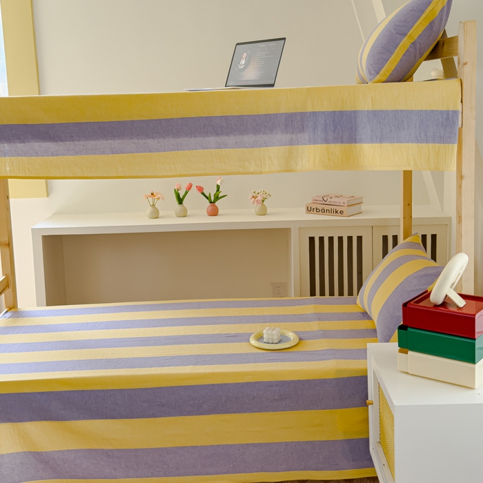 91家纺网 家纺一手货源 找家纺 金丝鸟家纺 2024新款A类全棉色织水洗棉单床单系列（学生床） 黄紫大竖条