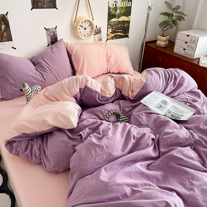 91家纺网 家纺一手货源 找家纺 卡迪熊家纺 2024新款ins风超柔褶皱亲肤磨毛水洗m四件套双拼系列-风格2 香芋粉