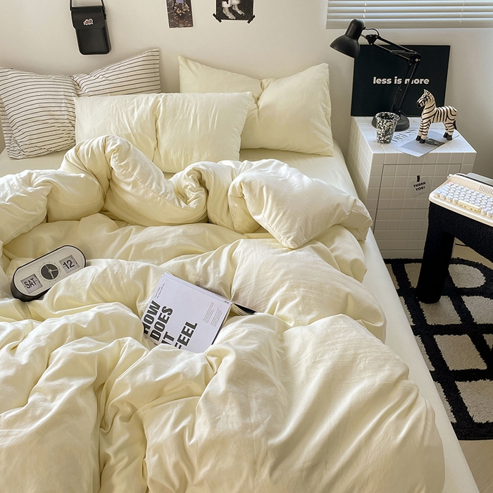 91家纺网 家纺一手货源 找家纺 卡迪熊家纺 2024新款ins风超柔褶皱亲肤磨毛水洗m四件套纯色系列-风格2 柠檬黄