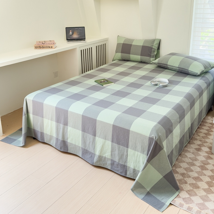 91家纺网 家纺一手货源 找家纺 金丝鸟家纺 2024新款A类全棉色织水洗棉单床单系列 绿大格