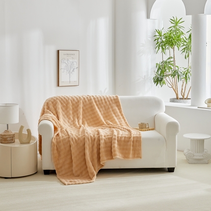 巴木赫 2024新款法兰绒泡泡卷边毯子毛毯 驼色