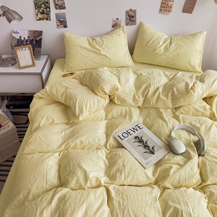 91家纺网 家纺一手货源 找家纺 韩巢家纺 2024新款日式ins风超柔褶皱亲肤水洗棉四件套 -纯色系列（提供卖家秀） 水洗棉奶黄