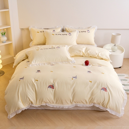 梧桐家居 2024新款全棉磨毛刺绣四件套-糖果小猫 糖果小猫-黄