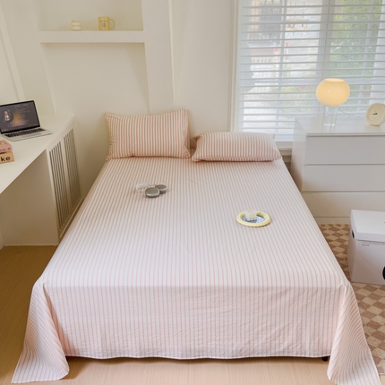 金丝鸟家纺 2024新款A类全棉色织水洗棉单床单系列 桃粉中条