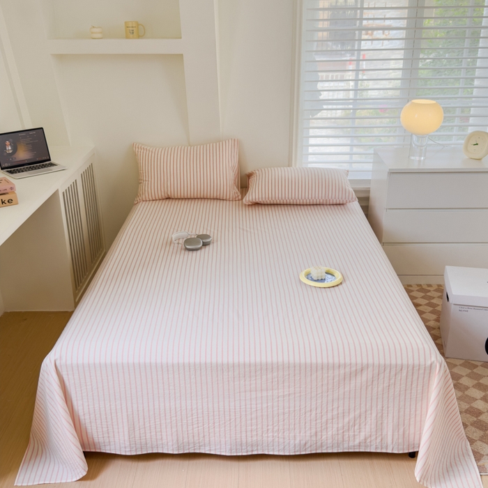 91家纺网 家纺一手货源 找家纺 金丝鸟家纺 2024新款A类全棉色织水洗棉单床单系列 桃粉中条