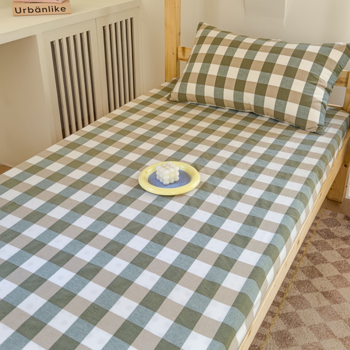 91家纺网 家纺一手货源 找家纺 金丝鸟家纺 2024新款A类全棉色织水洗棉单床笠系列（学生床） 绿中格