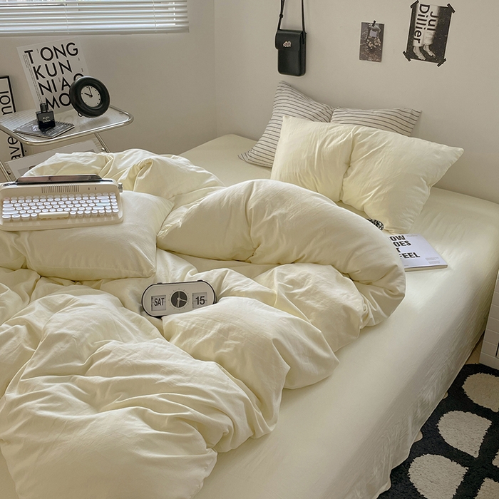 91家纺网 家纺一手货源 找家纺 卡迪熊家纺 2024新款ins风超柔褶皱亲肤磨毛水洗m四件套纯色系列-风格2 柠檬黄