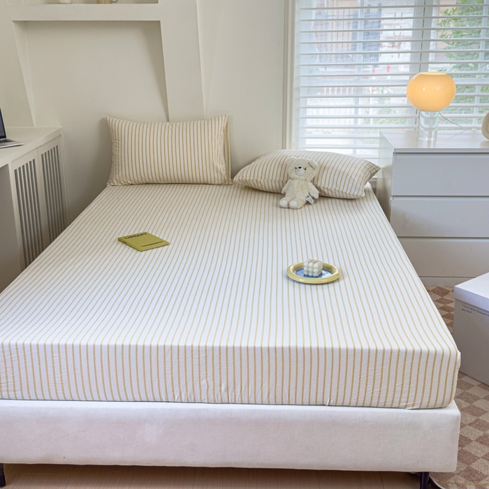 91家纺网 家纺一手货源 找家纺 金丝鸟家纺 2024新款A类全棉色织水洗棉床笠系列 黄色中条