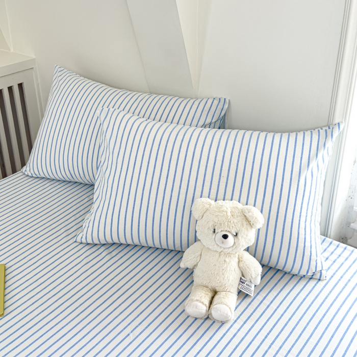 91家纺网 家纺一手货源 找家纺 金丝鸟家纺 2024新款A类全棉色织水洗棉床笠系列 蓝中条