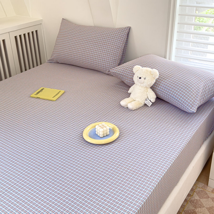 91家纺网 家纺一手货源 找家纺 金丝鸟家纺 2024新款A类全棉色织水洗棉床笠系列 蓝红田格