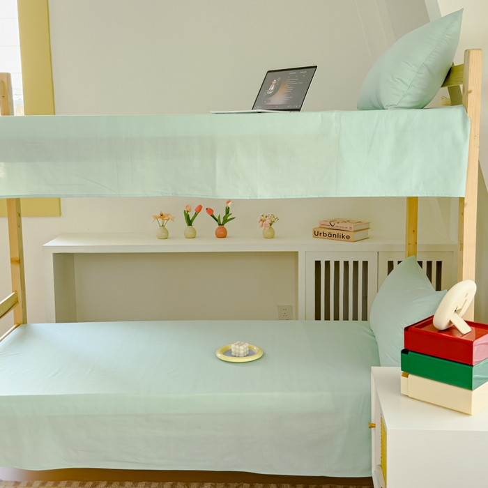 91家纺网 家纺一手货源 找家纺 金丝鸟家纺 2024新款A类全棉色织水洗棉单床单系列（学生床） 果绿