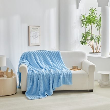 巴木赫 2024新款法兰绒泡泡卷边毯子毛毯 亮蓝