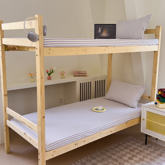 91家纺网 家纺一手货源 找家纺 金丝鸟家纺 2024新款A类全棉色织水洗棉单床笠系列（学生床） 烟紫中条