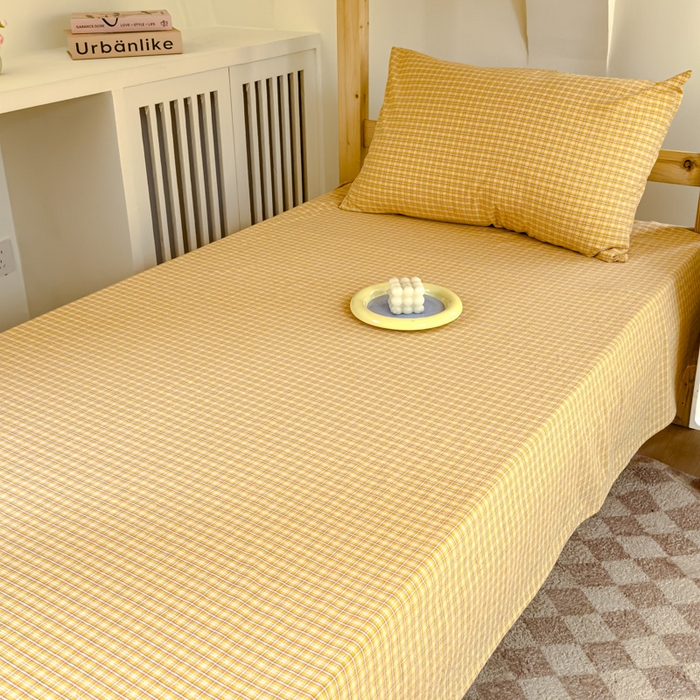 91家纺网 家纺一手货源 找家纺 金丝鸟家纺 2024新款A类全棉色织水洗棉单床单系列（学生床） 姜黄田格