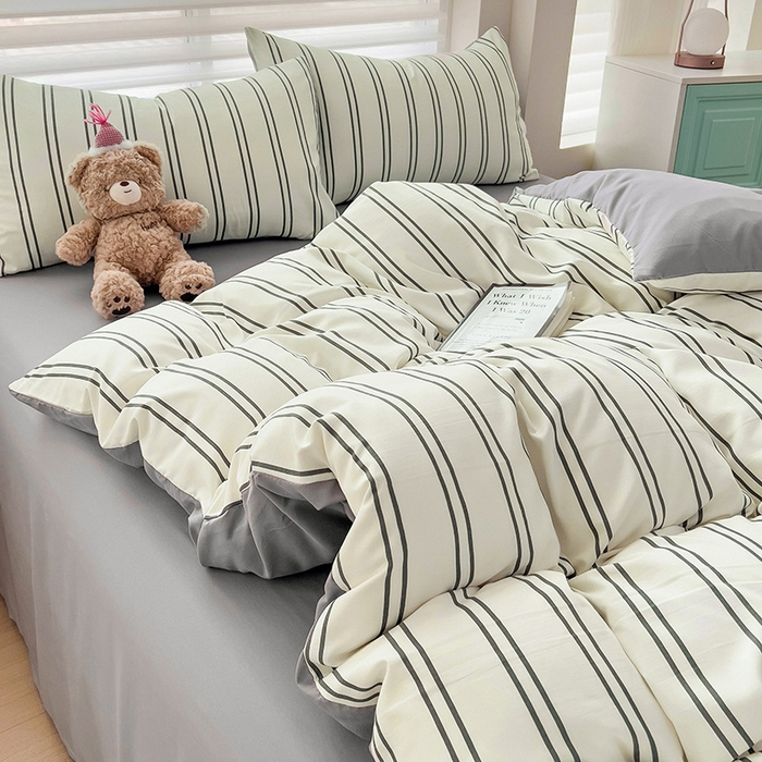 91家纺网 家纺一手货源 找家纺 赫然 2026新款水洗双层纱四件套 黑白竖条